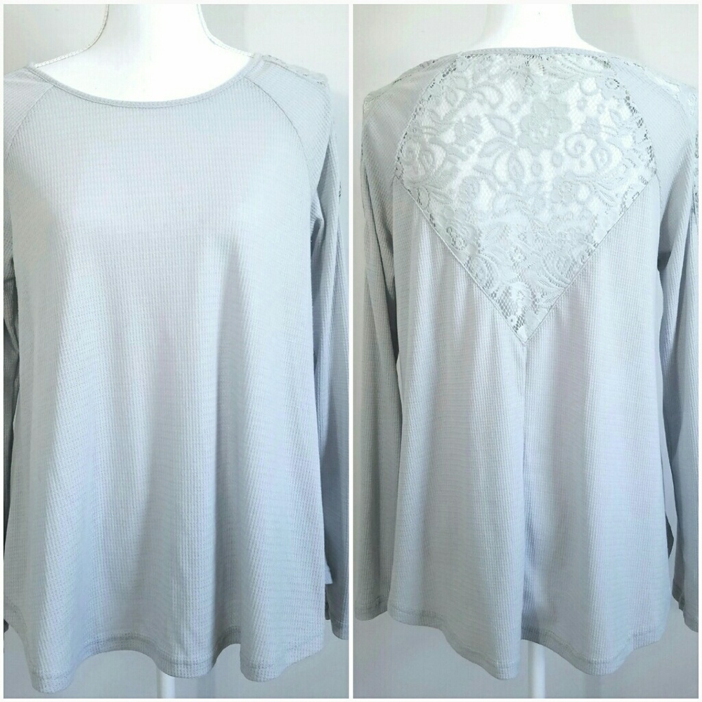 Umgee Grey Waffle Knit Lace Tunic Swing Top Medium